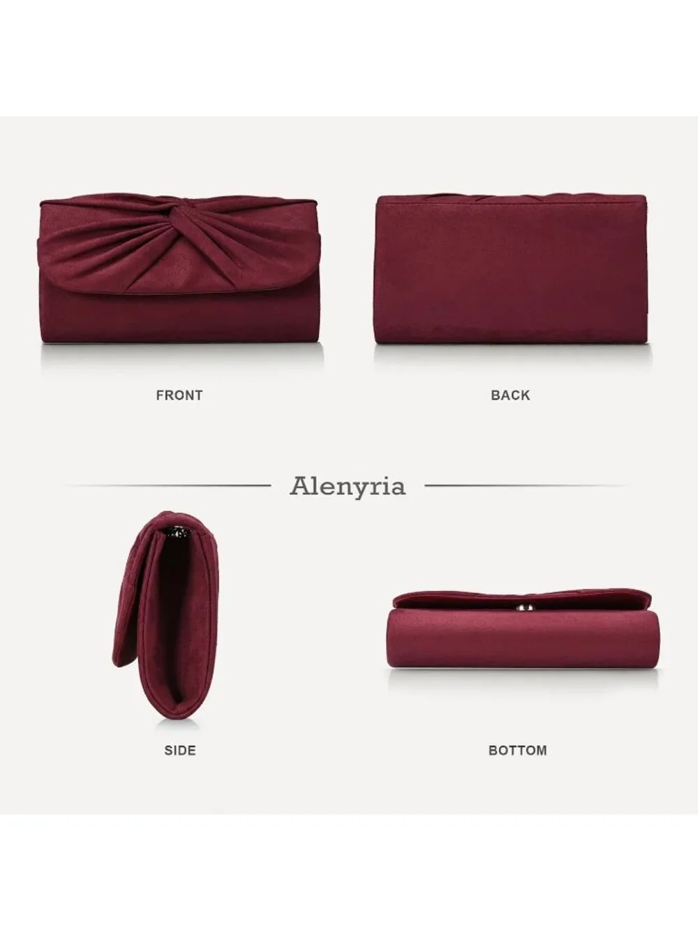 Women's Burgundy Faux Suede Pleated Bow Clutch Purse For With Strap Evening Bag